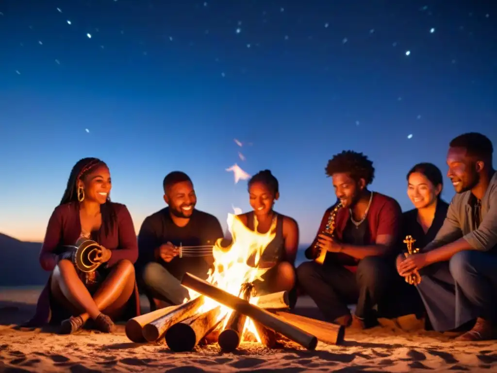 Un grupo diverso de personas tocando instrumentos musicales alrededor de una fogata bajo un cielo estrellado