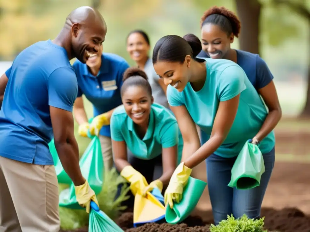 Un grupo diverso de personas trabajando juntas en un proyecto comunitario para limpiar un parque local, mostrando unidad y camaradería