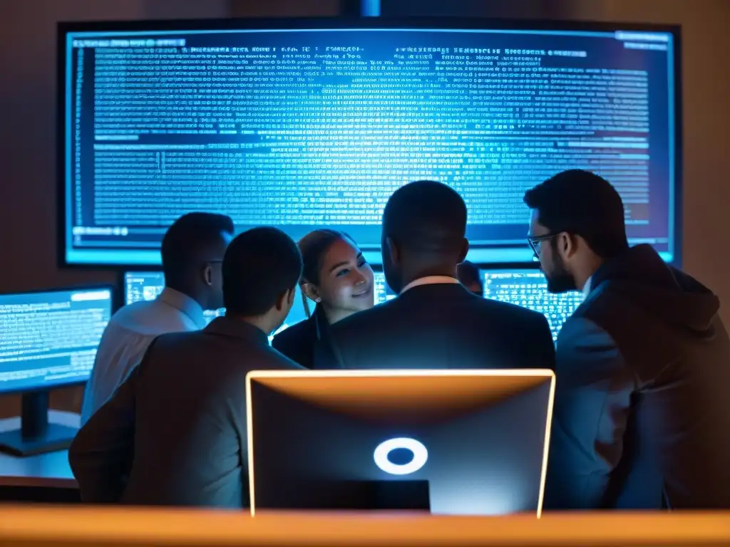 Un grupo diverso de personas decodificando mensajes secretos en software moderno, rodeados de tecnología y misterio