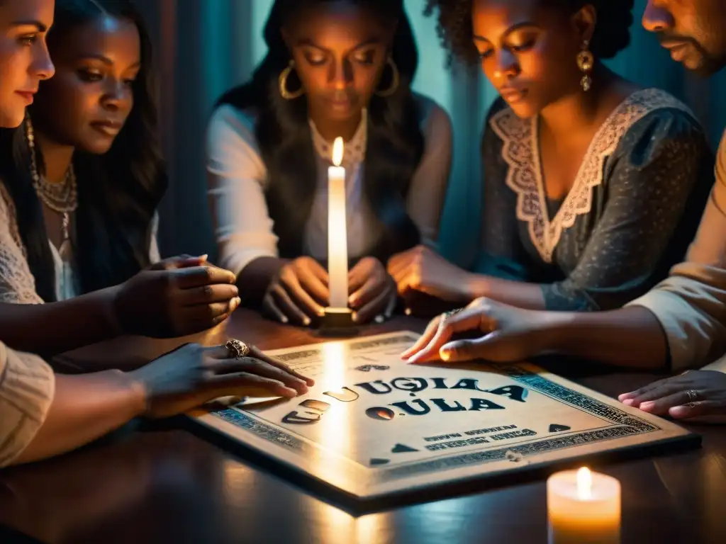 Un grupo diverso de personas se reúne alrededor de una mesa con una tabla Ouija, en una atmósfera tensa y curiosa