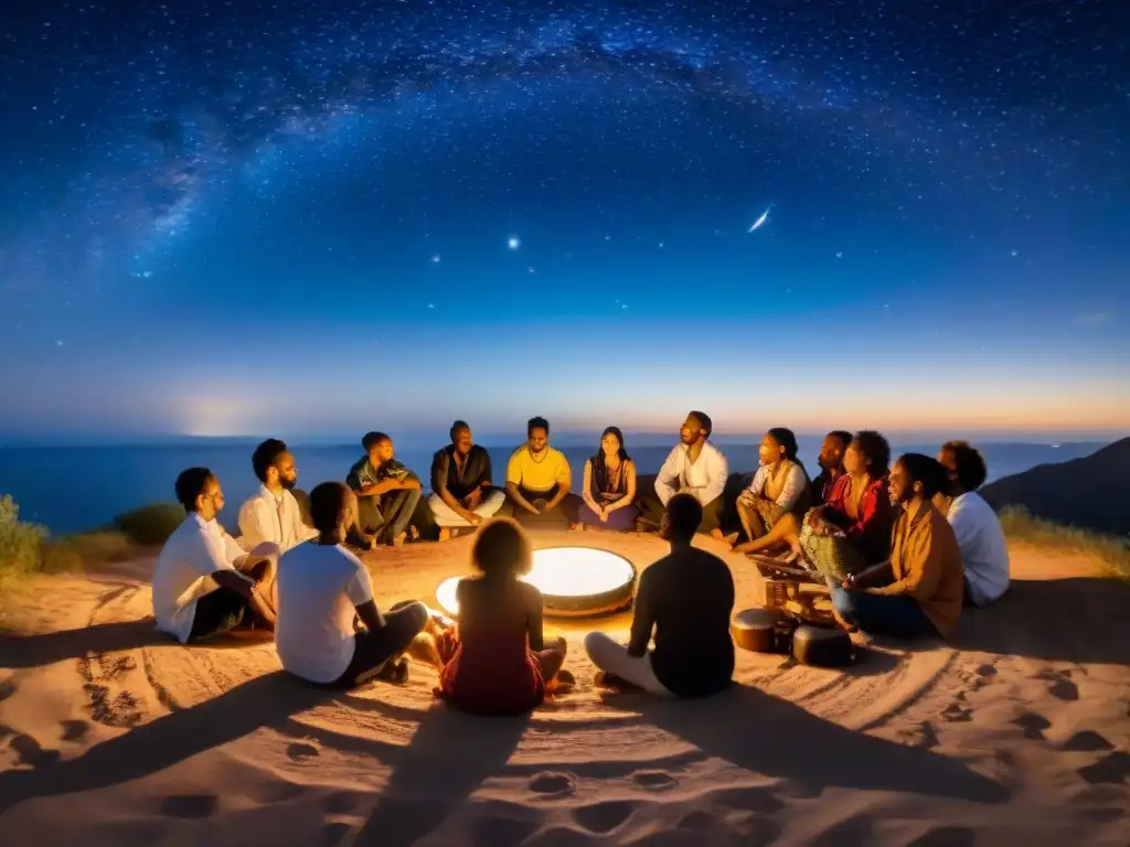 Grupo diverso de personas tocando música bajo las estrellas, reflejando poder oculto en frecuencias musicales