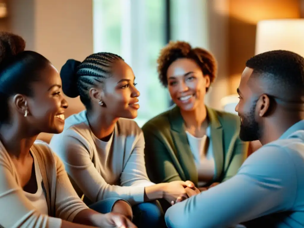 Un grupo diverso de personas conversa con sinceridad y atención en una sala acogedora y cálida, reflejando apertura y transparencia