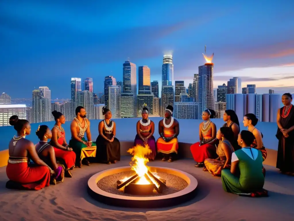 Grupo diverso realiza prácticas ancestrales en sociedad actual, danza ritual frente a rascacielos y luces de la ciudad