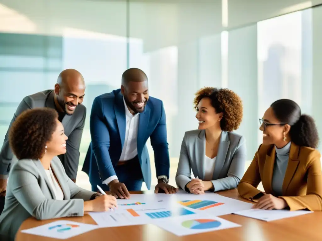 Reunión de negocio diversa y colaborativa: estrategias para el éxito Grupo diverso de profesionales discutiendo planes de negocios en una sala iluminada