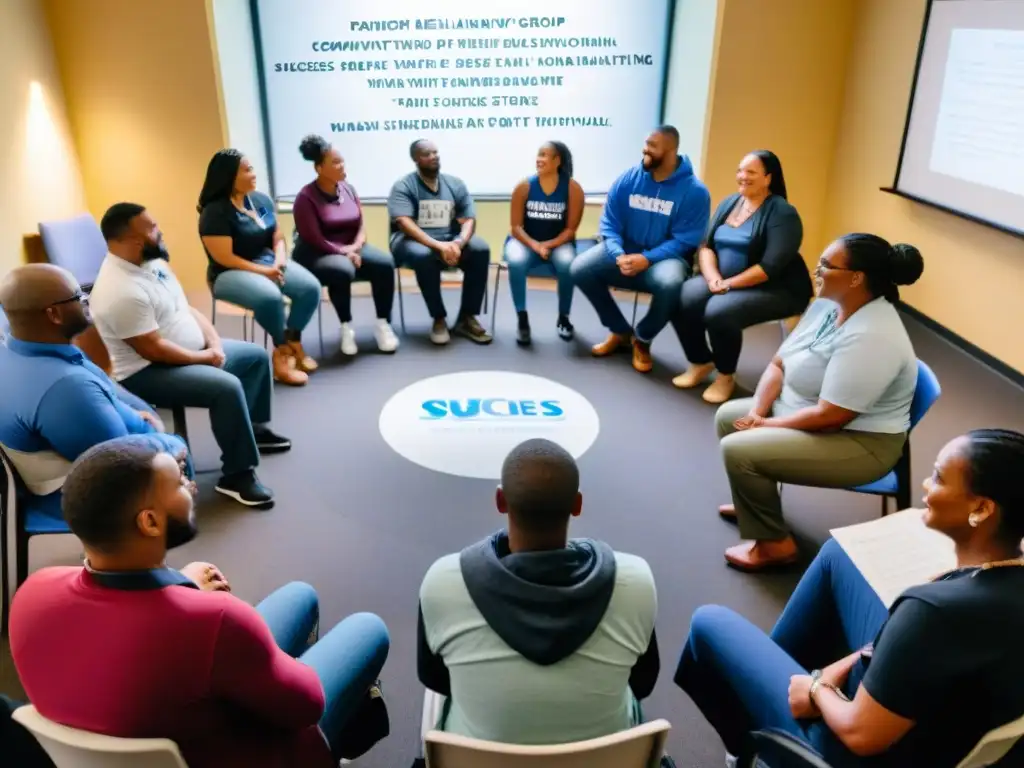 Un grupo diverso se apoya en un programa de rehabilitación comunitaria, compartiendo historias y esperanza para reintegrarse a la sociedad