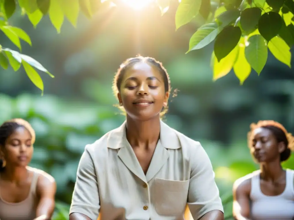 Grupo diverso en retiro espiritual transformador, guiados por líder sereno en círculo de meditación en la naturaleza