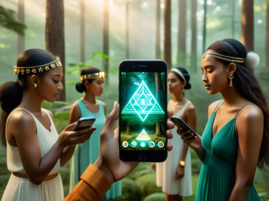 Un grupo diverso realiza rituales ancestrales con apps esotéricas en un claro del bosque, fusionando lo antiguo con lo moderno