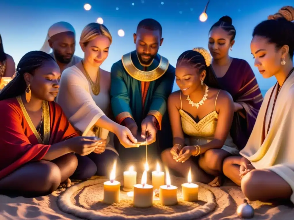 Un grupo diverso participa en rituales financieros atrayendo abundancia bajo el cielo nocturno iluminado por velas y símbolos de riqueza