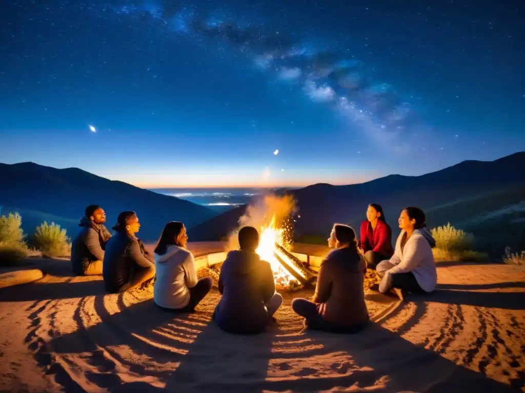 Un grupo diverso en rituales nocturnos retiros espirituales bajo las estrellas