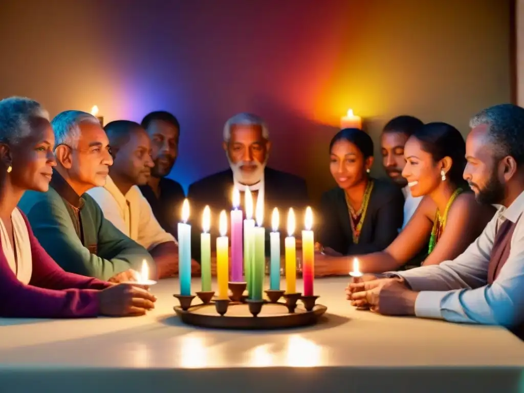 Un grupo diverso escucha atentamente a un sabio en una mesa decorada con siete velas de colores