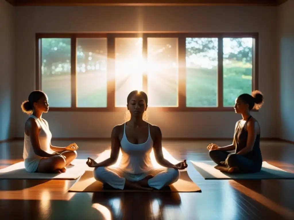 Grupo diverso meditando en sala iluminada, conectados por luces, explorando la conexión meditación curación física sociedades