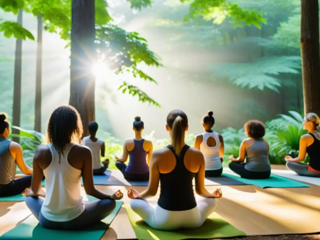 Un grupo diverso participa en un taller de conexión mente-cuerpo en un bosque verde