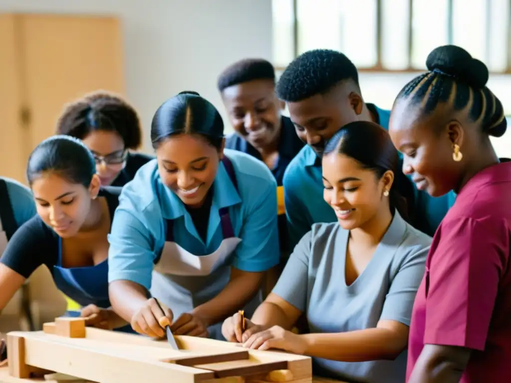 Grupo diverso en taller vocacional, aprendiendo habilidades para reintegrarse a la sociedad