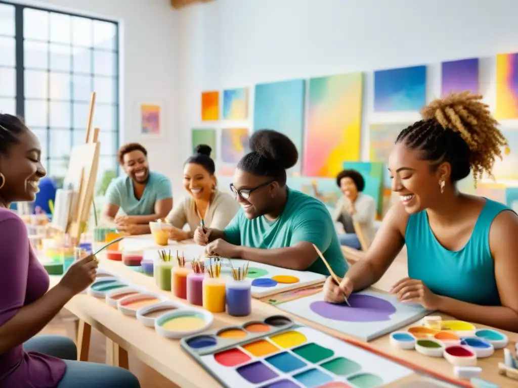 Un grupo diverso disfruta de terapias artísticas en un estudio acogedor lleno de color