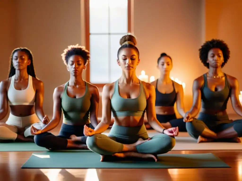 Un grupo diverso y vibrante practicando yoga juntos en un estudio iluminado por el sol, transmitiendo paz y concentración