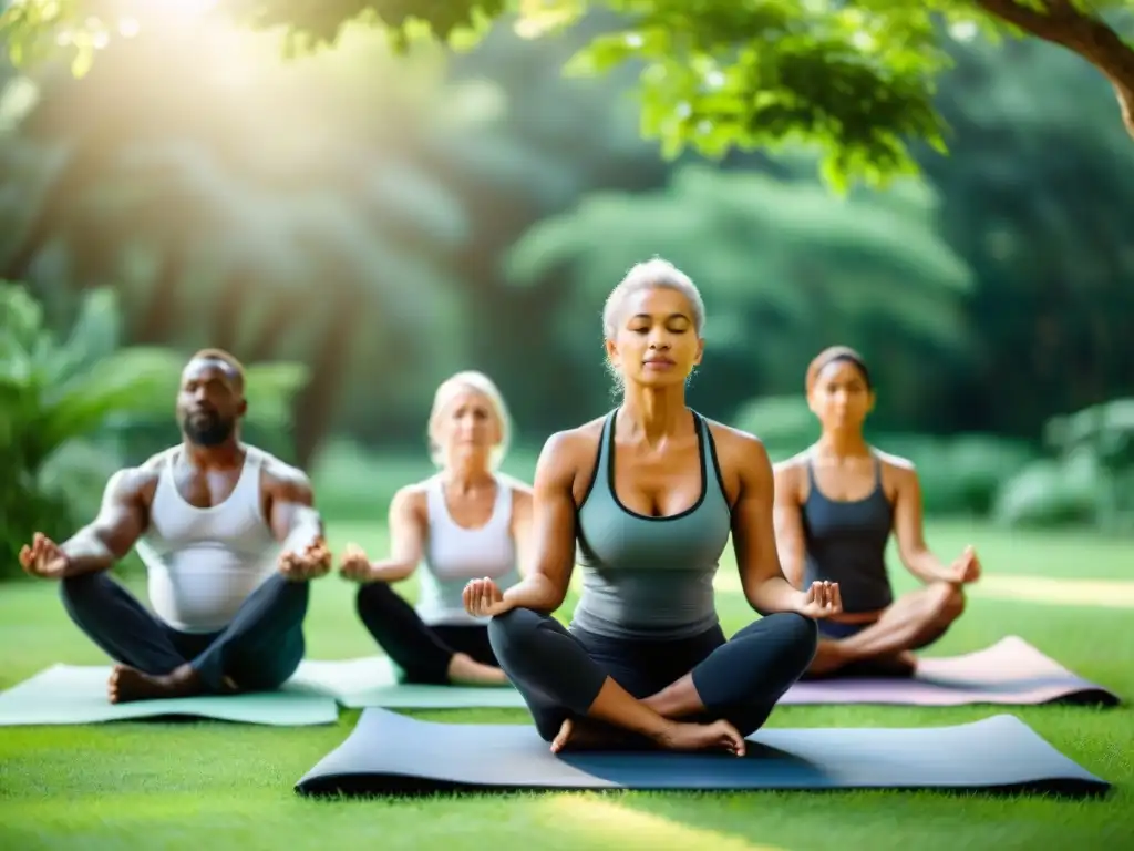 Grupo diverso practicando yoga en la naturaleza, expresando paz y unión