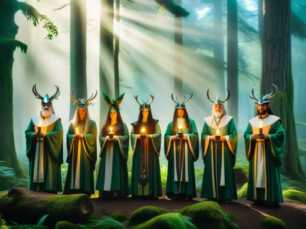 Rituales druídicos en el bosque místico Un grupo de Druidas en rituales esotéricos en armonía con la naturaleza en un bosque místico