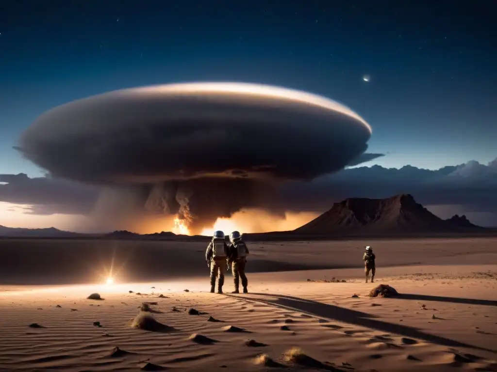 Un grupo encubierto en la noche, rodeando un ovni estrellado en el desierto