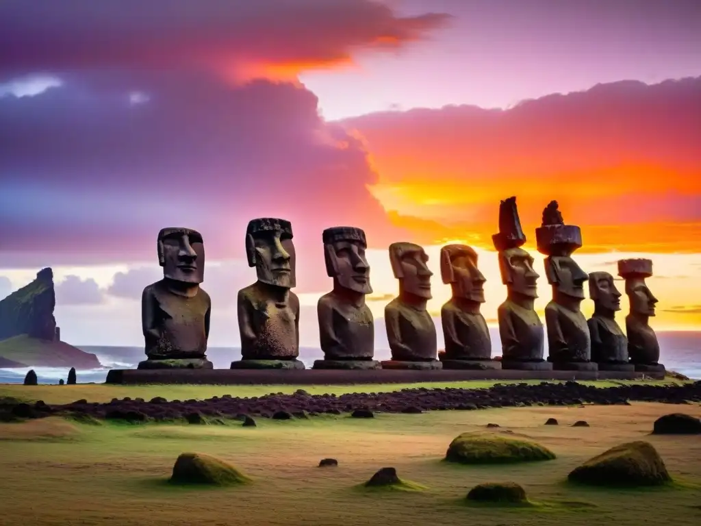 Un grupo de enigmáticas estatuas Moái de la Isla de Pascua al atardecer