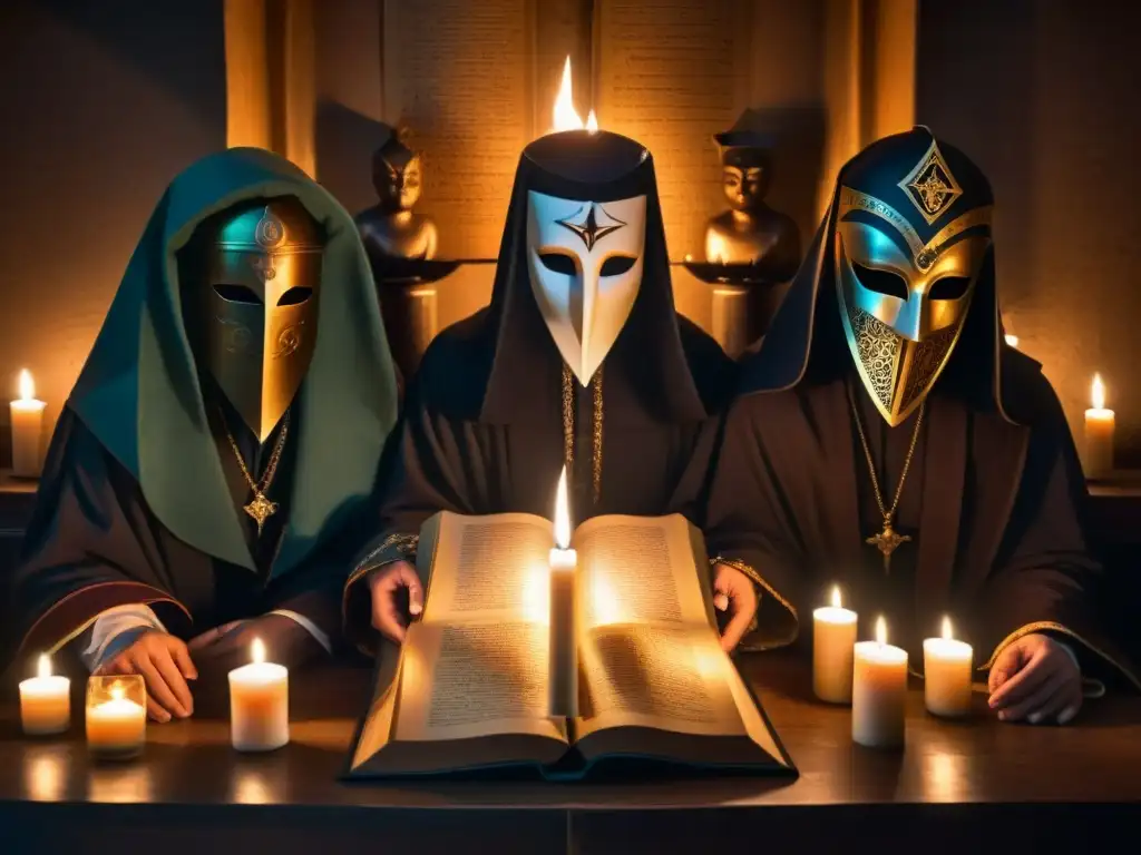 Un grupo enmascarado rodea un libro antiguo en un ritual cargado de misterio y secretos sociedades secretas ocultismo medios