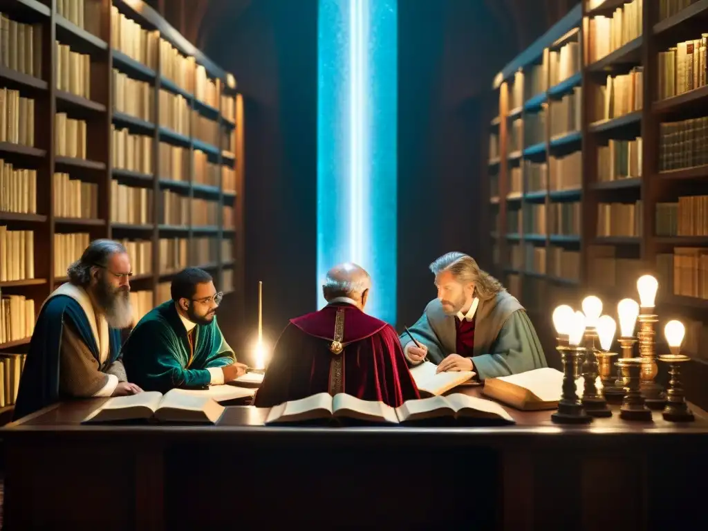 Un grupo de eruditos y una figura misteriosa en una biblioteca iluminada por velas, simbolizando la influencia Rosacruz en sociedades científicas