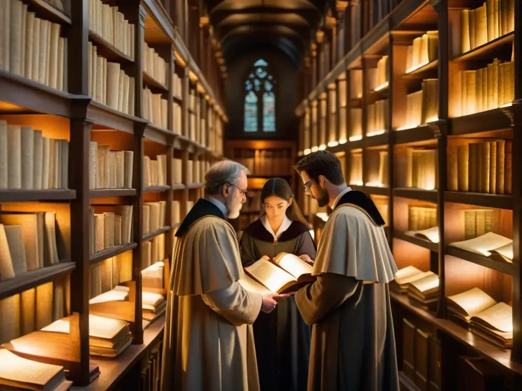 Un grupo de eruditos examina manuscritos antiguos en una biblioteca medieval, evocando misterio y curiosidad intelectual