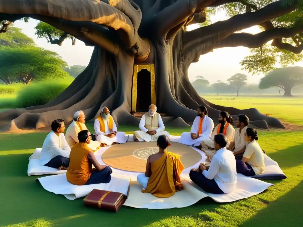 Grupo de eruditos en prácticas espirituales Vedas Upanishads bajo un árbol de baniano al atardecer