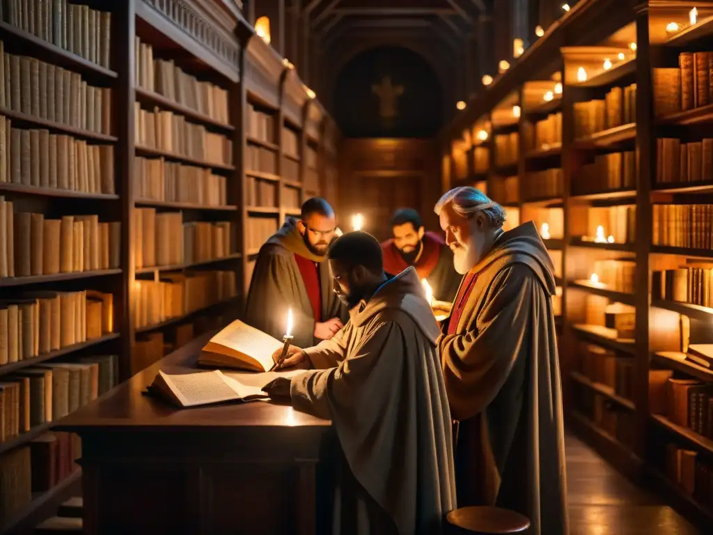 Grupo de eruditos Rosacruces preservando sabiduría esotérica en antigua biblioteca iluminada por velas