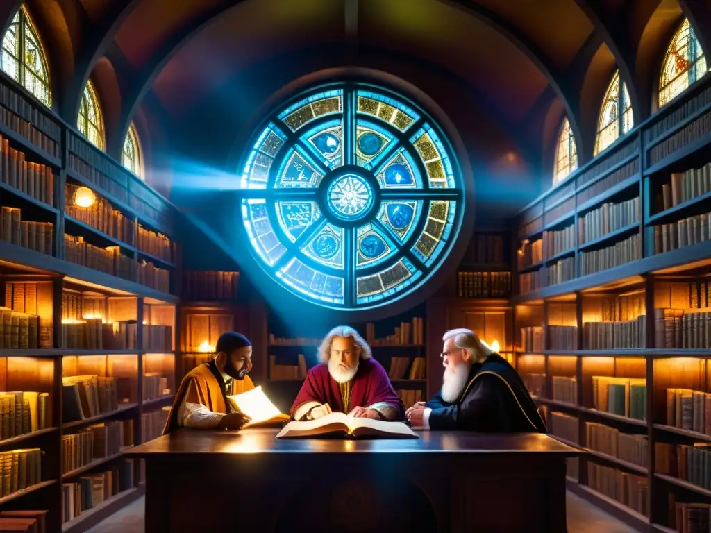 Grupo de eruditos Rosacruces investigando en una biblioteca antigua, rodeados de libros y símbolos místicos