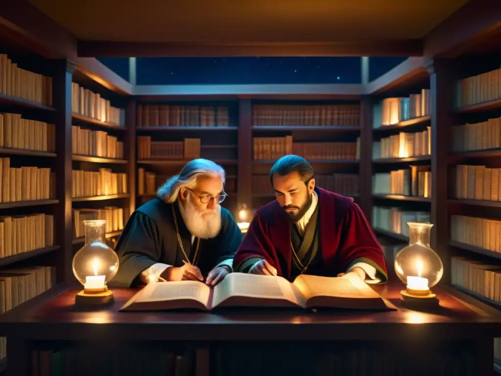 Un grupo de eruditos rosacruces discuten en una biblioteca iluminada por velas, rodeados de libros antiguos