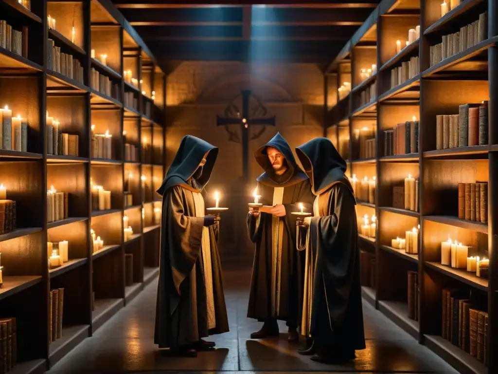 Un grupo de figuras encapuchadas en una biblioteca medieval iluminada por velas, envueltas en un ritual misterioso