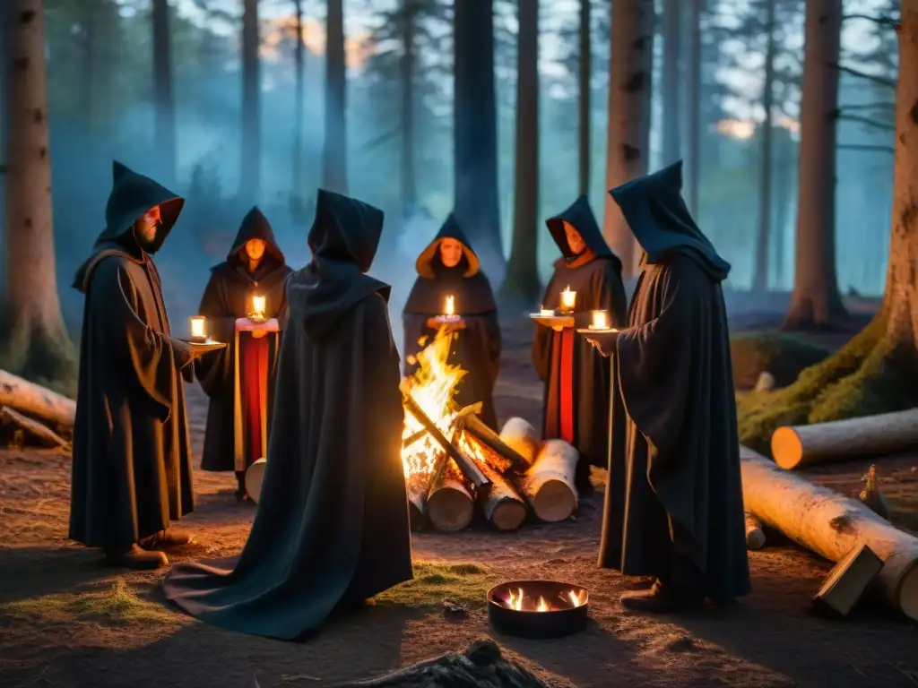 Un grupo de figuras encapuchadas alrededor de una fogata en un claro del bosque, con tomos antiguos y velas