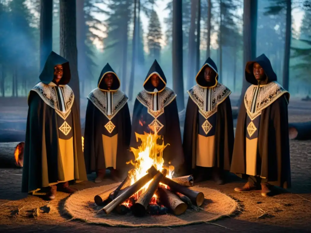 Un grupo de figuras encapuchadas alrededor de una fogata en el bosque, evocando misterio y secretismo en sociedades secretas africanas historia