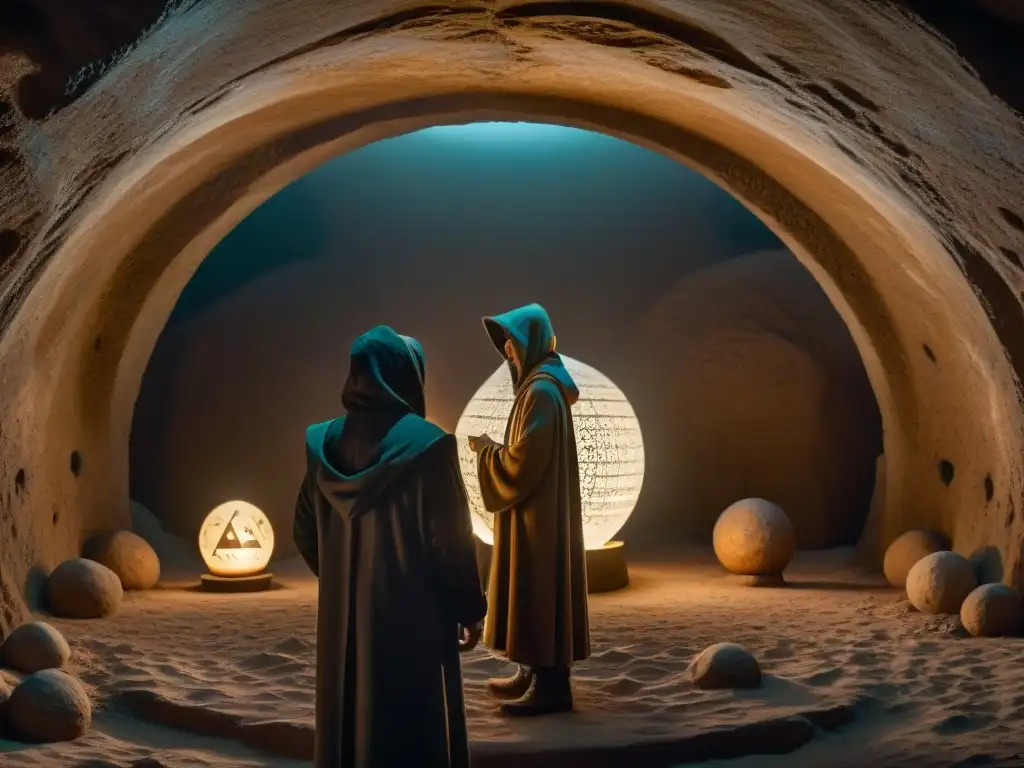Cámara subterránea mística con figuras encapuchadas Un grupo de figuras encapuchadas rodea un orbe brillante en una cámara subterránea misteriosa