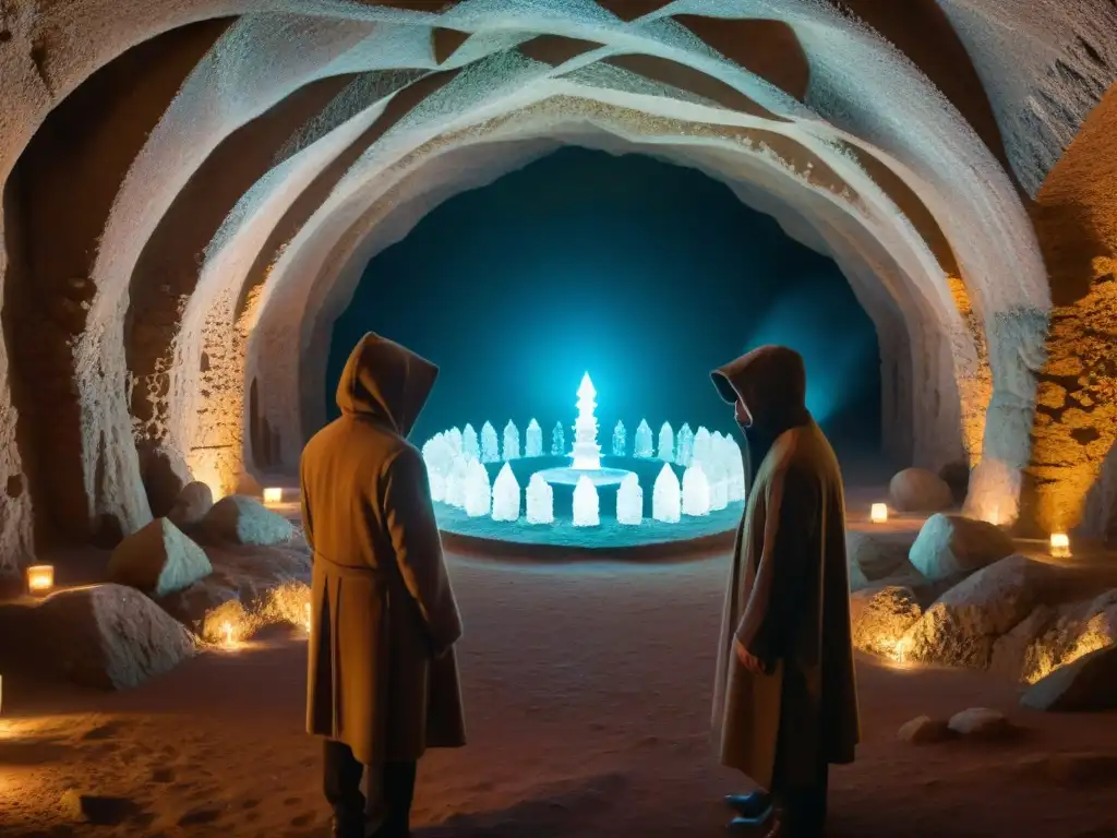 Ritual secreto en cámara subterránea con cristales Un grupo de figuras encapuchadas realiza un ritual en una cámara subterránea iluminada por cristales, en un ambiente misterioso y esotérico