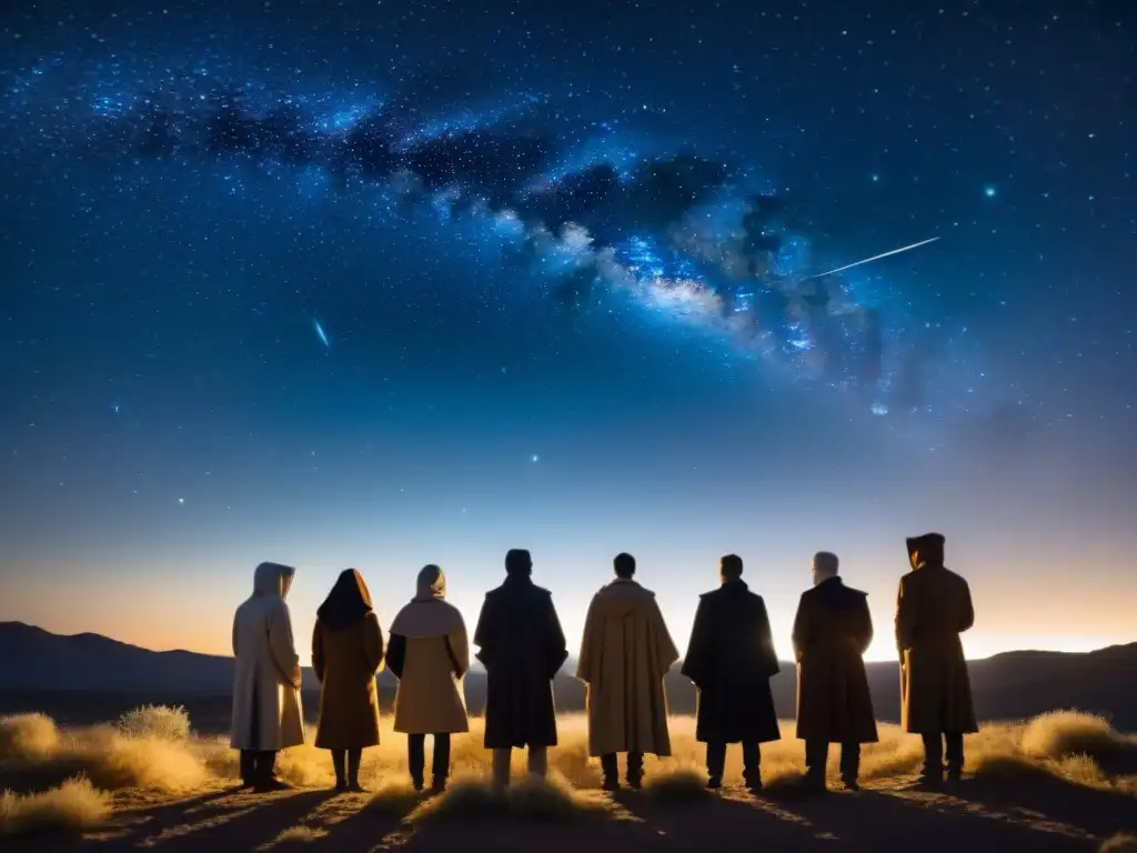 Un grupo de figuras encapuchadas observa un telescopio bajo un cielo estrellado, con símbolos antiguos y constelaciones de fondo