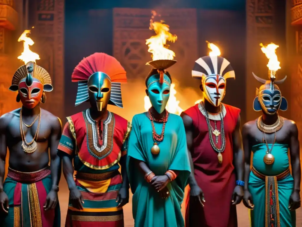 Un grupo de figuras enmascaradas en trajes africanos tradicionales, en un espacio ceremonial iluminado con antorchas, exudando misterio y poder