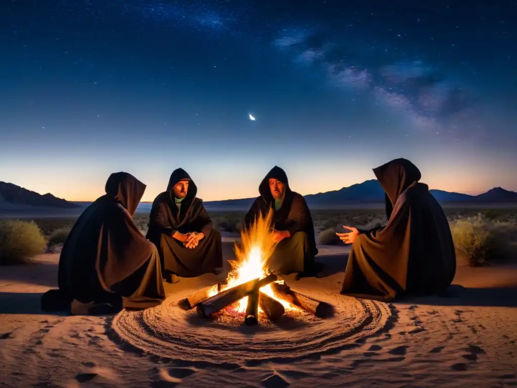 Un grupo de figuras misteriosas reunidas alrededor de una fogata en el desierto de Mojave