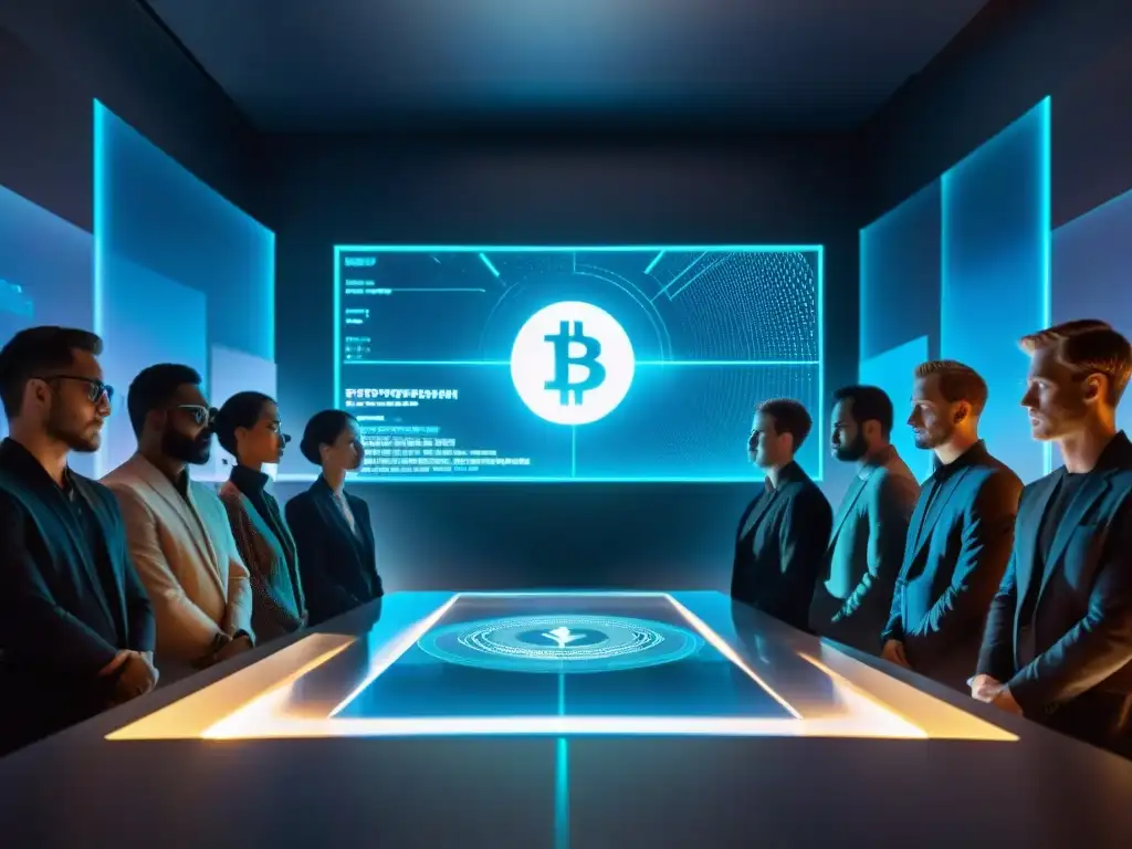 Conspiración criptográfica: secretos financieros revelados Un grupo de figuras misteriosas rodeadas de sombras discuten el impacto de las criptomonedas en la sociedad en una escena de intriga y secretismo