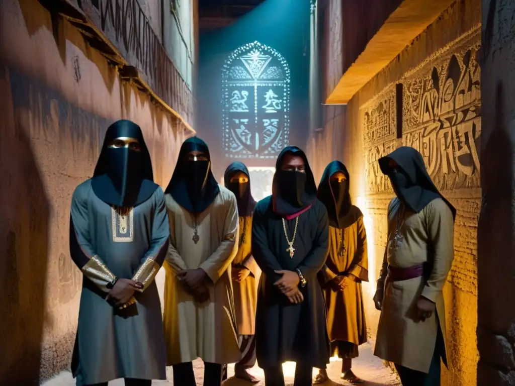 Grupo de figuras en la penumbra con máscaras en un callejón misterioso