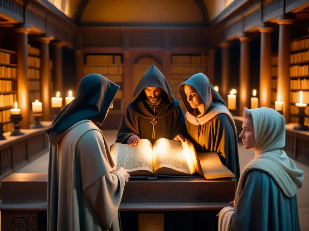 Un grupo de figuras sombrías en una antigua biblioteca, leyendo manuscritos misteriosos