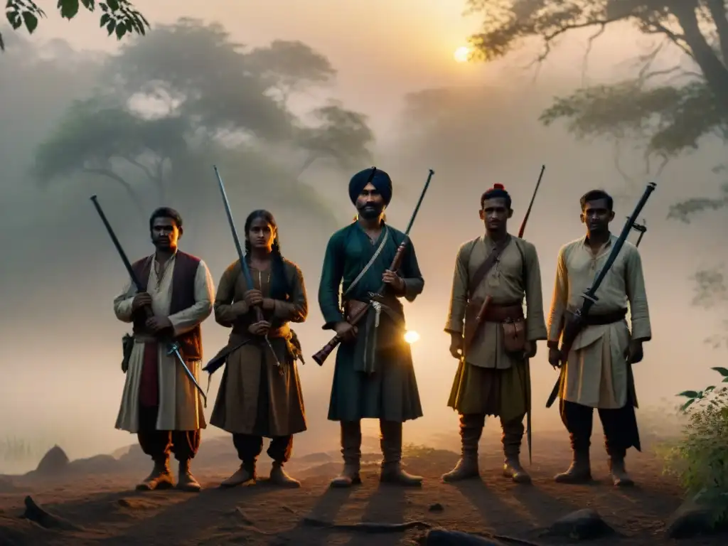 Grupo de figuras sombrías con atuendos tradicionales en un bosque brumoso al anochecer, evocando el misterio de los Dacoits en la India