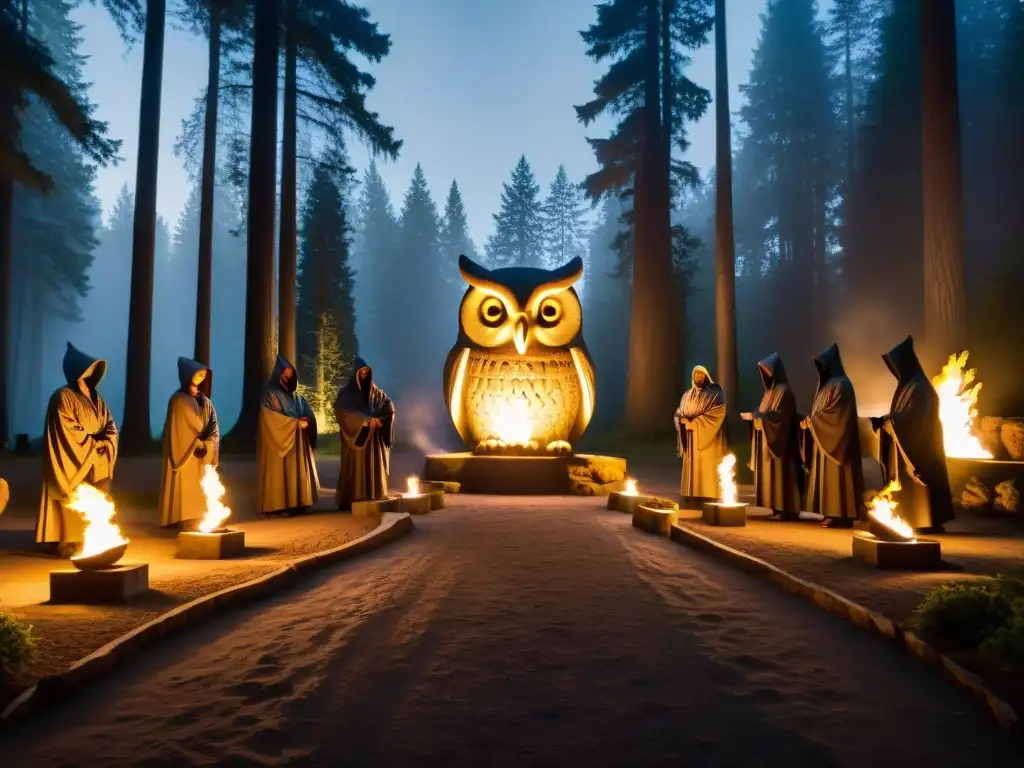 Un grupo de figuras sombrías con túnicas rodea una estatua de búho gigante en la oscuridad de la noche, iluminados por antorchas titilantes