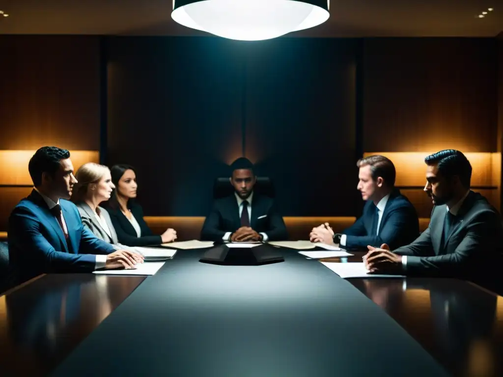 Un grupo de figuras sombrías en trajes se reúne alrededor de una mesa de conferencias en penumbra