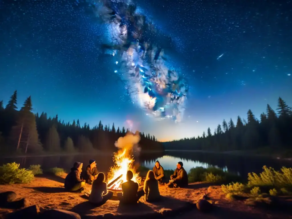 Un grupo se reúne alrededor de una fogata en un bosque místico, iluminados por las llamas, bajo un cielo estrellado