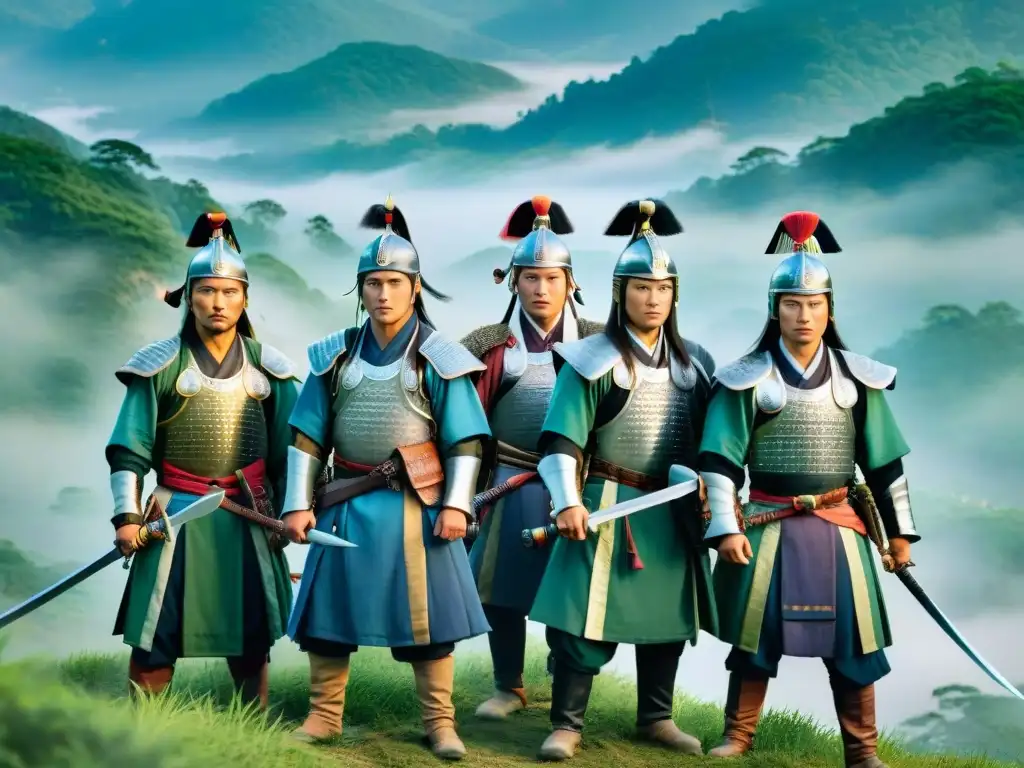 Épica batalla de guerreros HwaRang al amanecer Un grupo de guerreros HwaRang en armadura tradicional coreana, con expresiones determinadas, en una montaña neblinosa al amanecer