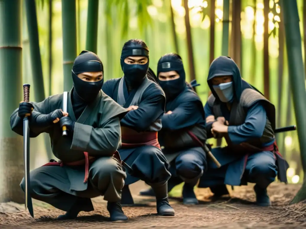Un grupo de guerreros ninja en un bosque de bambú al anochecer, listos para una misión secreta
