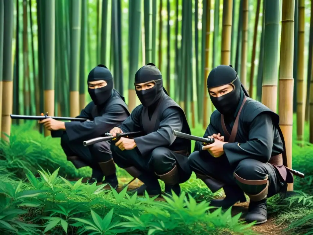Un grupo de guerreros ninja en la historia de los guerreros ninja, ocultos entre bambúes en la noche, listos para la acción