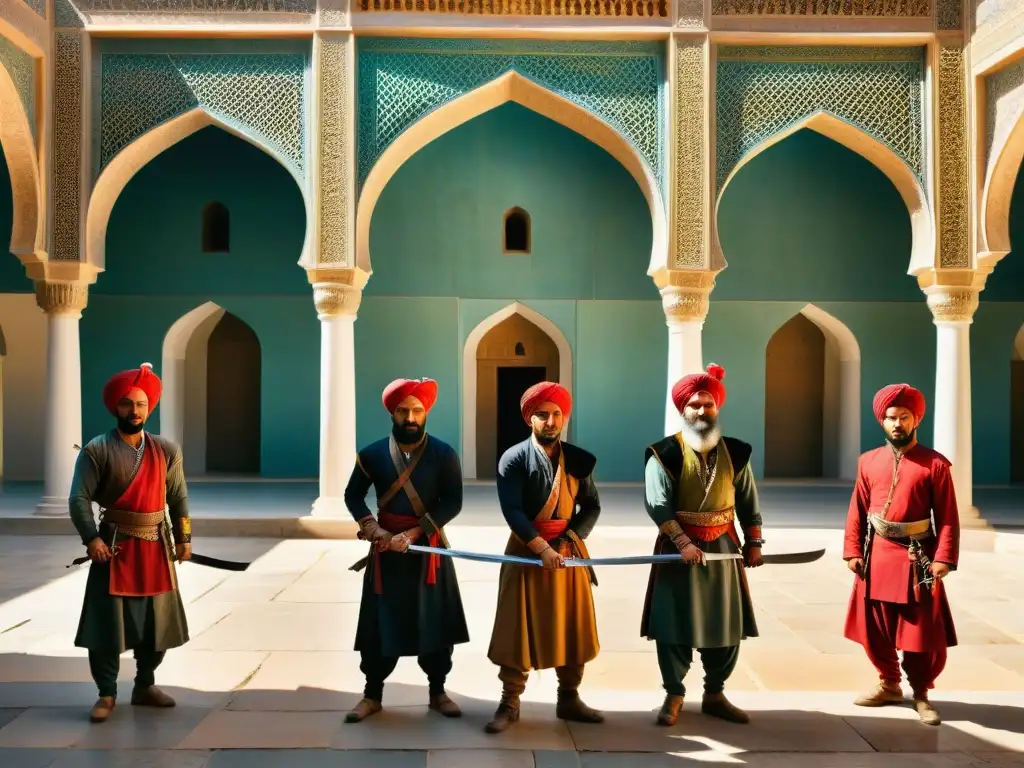 Grupo de guerreros Qizilbash en un majestuoso patio Safávida, con turbantes rojos y espadas