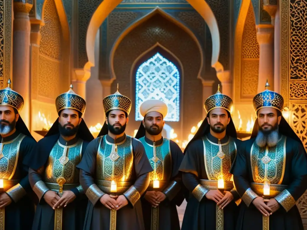 Un grupo de guerreros Qizilbash en un santuario Sufi iluminado por velas, con máscaras y armaduras Safávidas